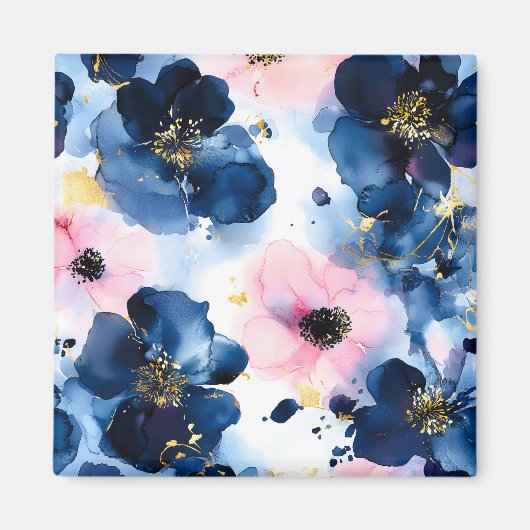 Navy Blau Blush Rosa Gold Aquarell Blumen Magnet (Vorne)