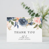 Navy Blau Blush Rosa Rose Boho Dankeskarte (Stehend Vorderseite)
