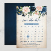 Navy Blau Blush Rosa Rose Botanisch Save the Date (Vorne/Hinten)
