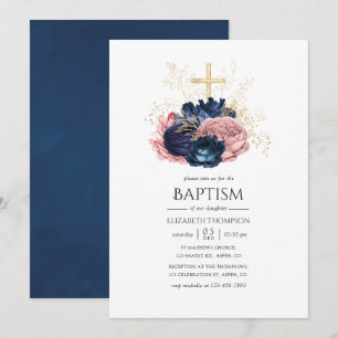 Navy Blau & Blush Rosa Vintage Rosen Taufe Einladung