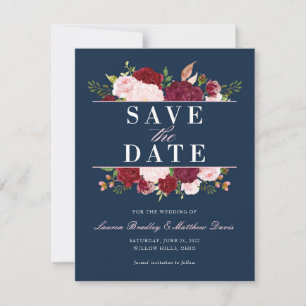 Navy Blau, Blush und Burgund Floral Aquarell Save The Date