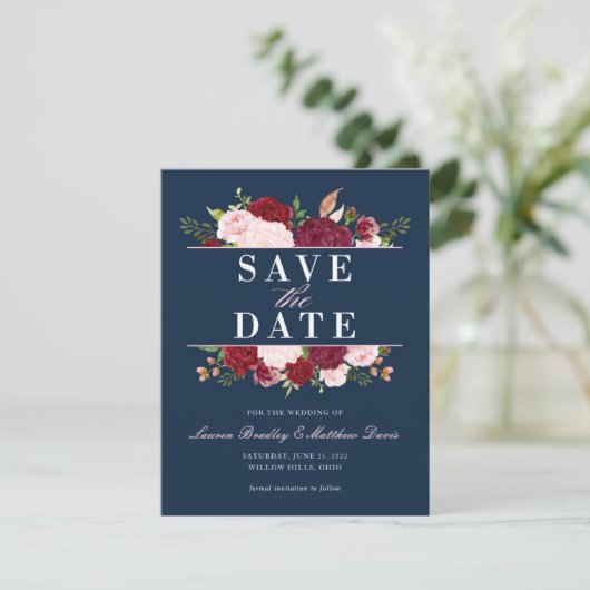 Navy Blau, Blush und Burgund Floral Aquarell Save The Date (Stehend Vorderseite)