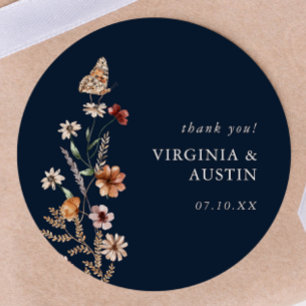 Navy Blau Boho Floral Klassischer Rund Sticker