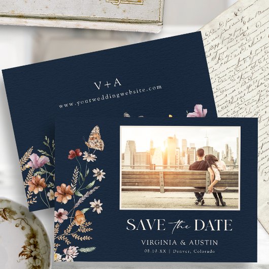 Navy Blau Boho Foto Save The Date