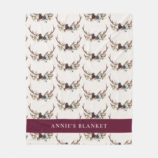 Navy blau bordeauxfarben eleganter Antler elegant  Fleecedecke (Vorderseite)