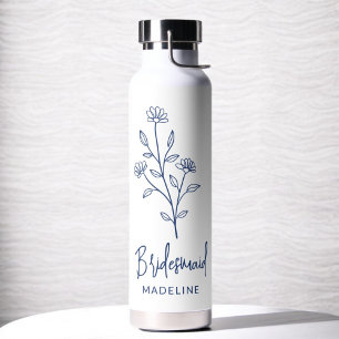 Navy Blau Brautjungfer Name Floral Junggesellinnen Trinkflasche