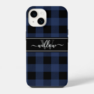 Navy-Blau-Buffalo-Karomuster-Name-Monogramm iPhone 14 Hülle