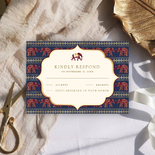 Navy Blau Burgund Gold Elefant Indische Hochzeit RSVP Karte