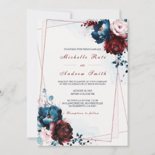 Navy Blau Burgund und Roségold Hochzeitsvorlage Einladung