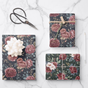 Navy Blau Burgunderrot Florales Geburtstags- Geschenkpapier Set