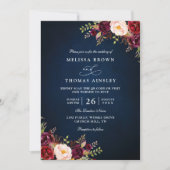 Navy Blau Burgunderrot Florales QR-Code Hochzeit Einladung (Vorderseite)