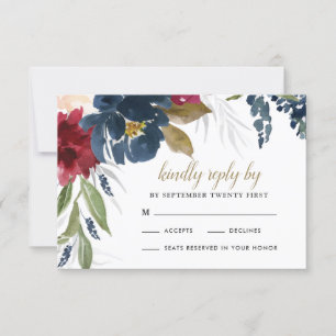 Navy Blau Burgunderrot Rosarot Silber Gold Hochzei RSVP Karte