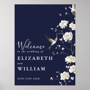 Navy Blau Chinoiserie Blumen Hochzeit Willkommenss Poster