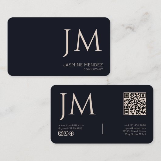 Navy Blau Cream Monogramm QR-Code Modern Visitenkarte (Vorne/Hinten)
