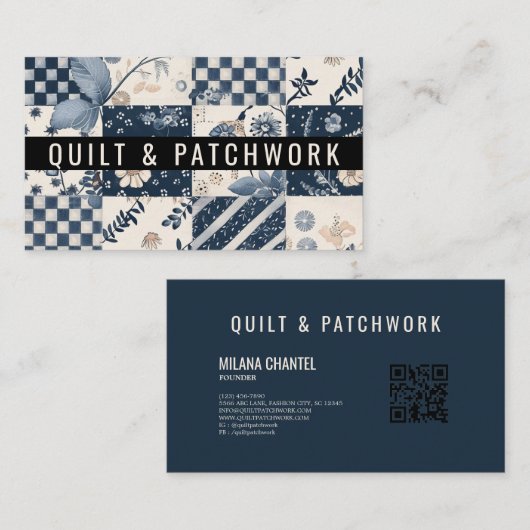 Navy Blau Creme Quilt Patchwork Handmade Kleidung Visitenkarte (Vorne/Hinten)