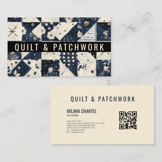 Navy Blau Creme Quilt Patchwork Handmade Kleidung Visitenkarte (Vorne/Hinten)