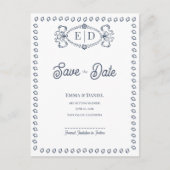 Navy Blau Crest Monogram Hochzeit Save the Date Ankündigungspostkarte (Vorderseite)