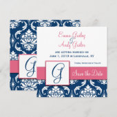 Navy Blau Damast Monogramm G Save the Date Pink (Vorne/Hinten)