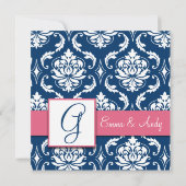 Navy Blau Damast Monogramm G Save the Date Pink (Rückseite)