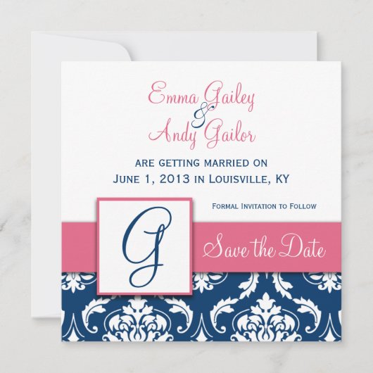 Navy Blau Damast Monogramm G Save the Date Pink (Vorderseite)