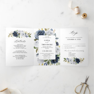 Navy Blau Dusty White Florale Botanische Hochzeit  Dreifach Gefaltete Ankündigung