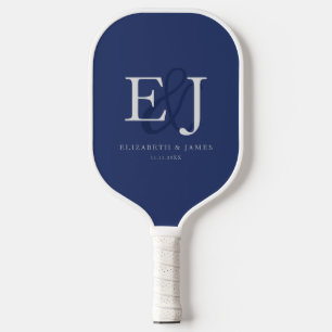 Navy Blau Einfaches Elegantes Paar-Monogramm-Hochz Pickleball Schläger