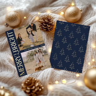 Navy Blau Einfaches Foto "Merry and Bright" Text Folien Feiertagskarte