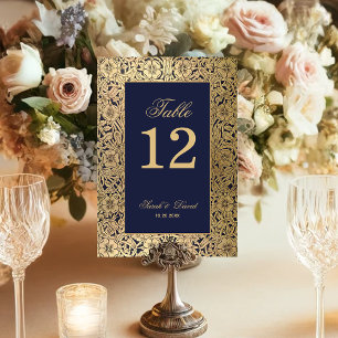 Navy Blau Elegante Vintage Goldene Rosen Hochzeit Tischnummer