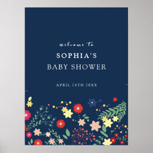 Navy Blau Elegante Wildblumen-Baby-Shower-Willkomm Poster