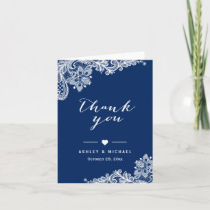 Navy Blau Elegantes Weißes Spitzen-Blumen-Dankesch Dankeskarte