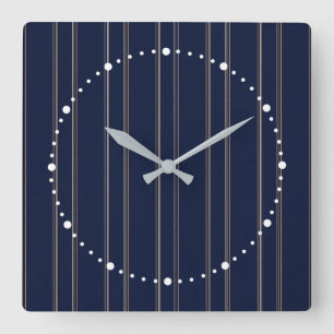 Navy Blau Elfenbein Gold Pinstripes Quadratische Wanduhr