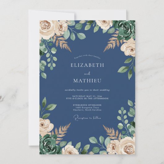 Navy-Blau exquisite botanische Hochzeit Einladung (Vorderseite)