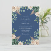 Navy-Blau exquisite botanische Hochzeit Einladung (Stehend Vorderseite)