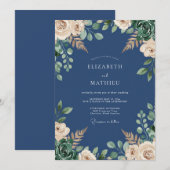 Navy-Blau exquisite botanische Hochzeit Einladung (Vorne/Hinten)