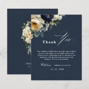 Navy Blau Floral & Pfingstrosen Hochzeits-Dankesch Einladung