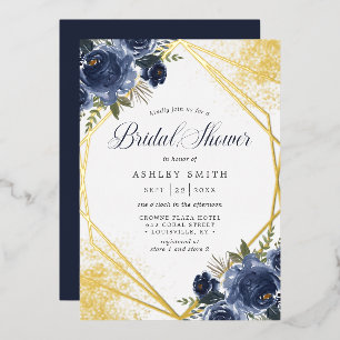 Navy Blau Florale Gold Geometrische Brautparty Folieneinladung