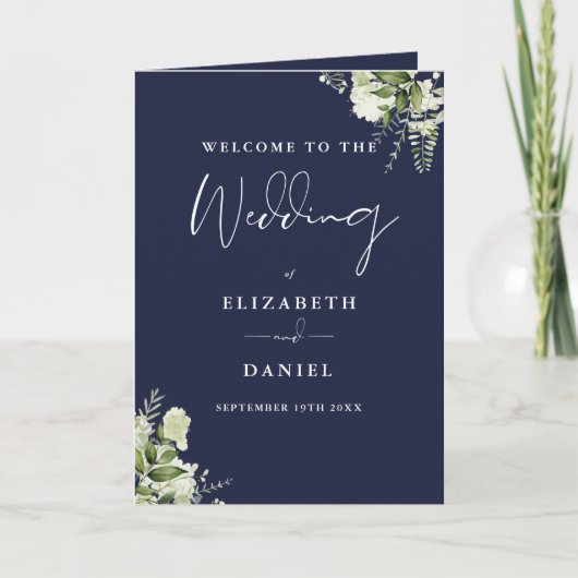 Navy Blau Florale Grüne Hochzeit Programm (Vorderseite)
