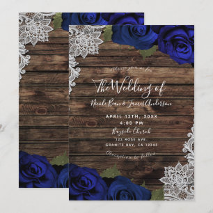 Navy Blau Florale Rosen Rustikale Holzspitze Hochz Einladung