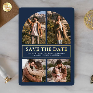 Navy Blau Foto-Collage Hochzeit Save-the-Date Gold Folieneinladung