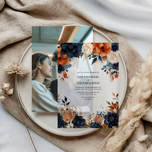 Navy Blau, Gebranntes Orange und Champagner Blumen Pergament Einladungen