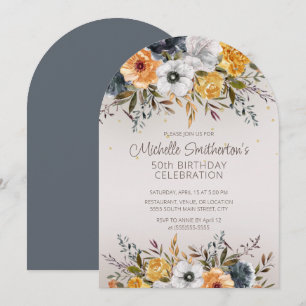 Navy Blau Gelbe Blumen Glitter 50. Geburtstag Einladung