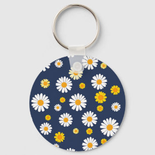 Navy Blau Gelbe Daisy Florale Einfache Retro-Muste Schlüsselanhänger