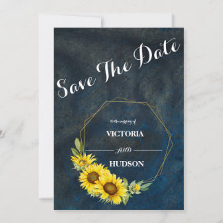 Navy Blau & Geometrische Goldene Sonnenblumen Save The Date