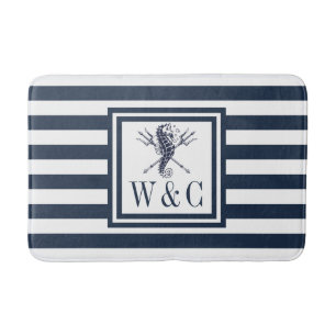 Navy Blau gestreifte Monogramm Nautilus Seepferdch Badematte