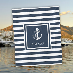 Navy Blau Gestreifter Nautischer Anker Bootsname Fleecedecke