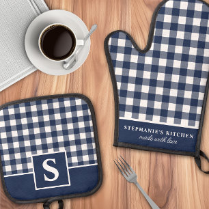 Navy Blau Gingham Kariert Monogrammiert Ofenhandschuh & Topflappen-Set