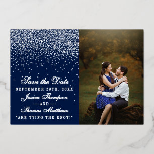 Navy Blau & Glam Silber Hochzeit Save The Date Ech Folieneinladung