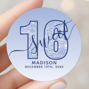 Navy Blau Glitter Schriftzug Sweet 16 Geburtstag Runder Aufkleber