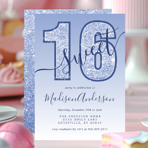 Navy Blau Glitter Schriftzug Sweet 16 Geburtstagsf Einladung