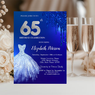 Navy-Blau Glitter-Tropfen, Kleid Blau 65. Geburtst Einladung